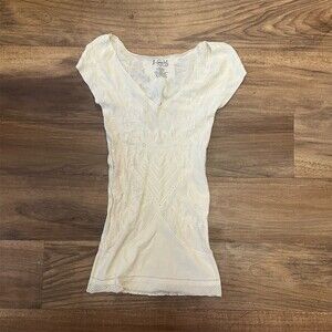 Free People Top Womens XS/S Ivory Floral Lace Mesh V-Neck Cap Sleeve